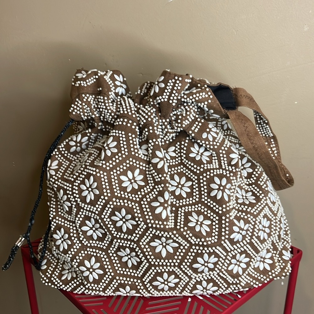 Vintage Handmade Embellished Beaded  Drawstring Pouch Handbag